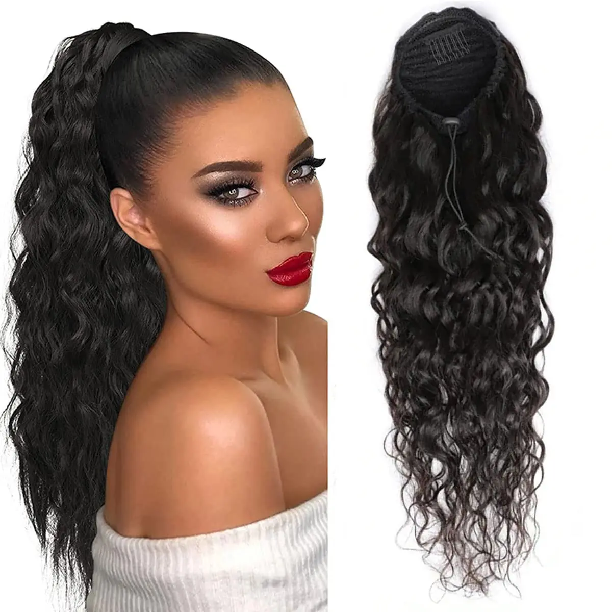 Drawstring Ponytail Human Hair Deep Wave Ponytail Extension Curly Wave Natural Color Brazilian Human Hair Ponytail