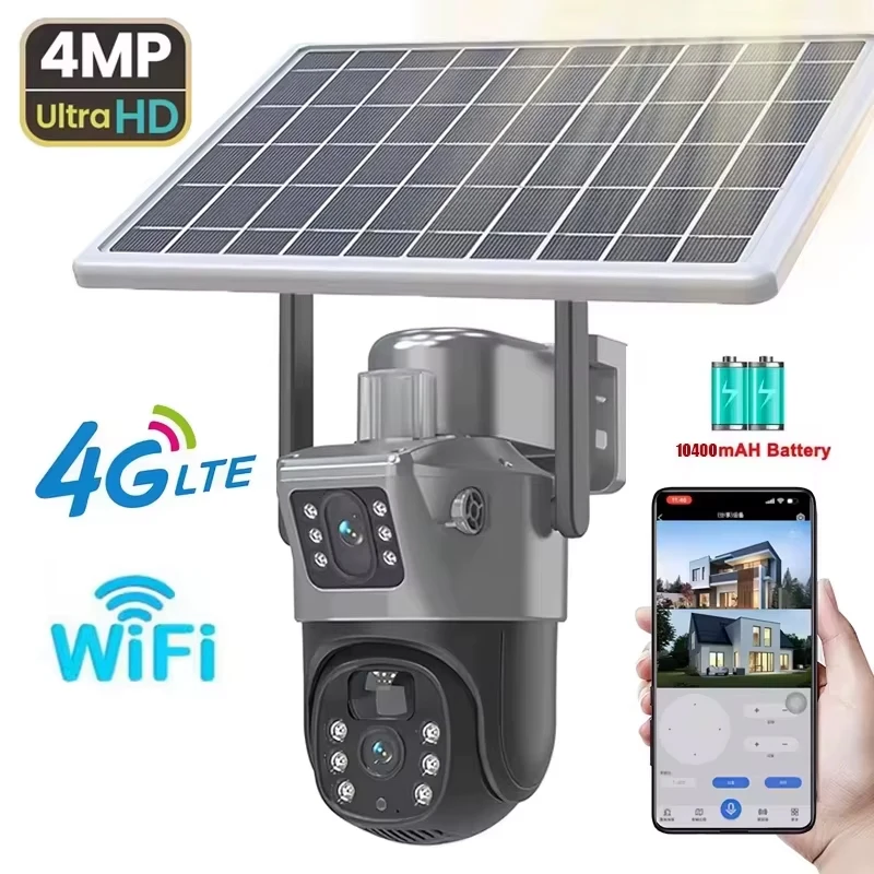 4MP WIFI Wireless PTZ Solar Camera Dual Lens Dual Screen Outdoor 4G IP Camera Solar Panel Audio PIR Security Surveillance Camera