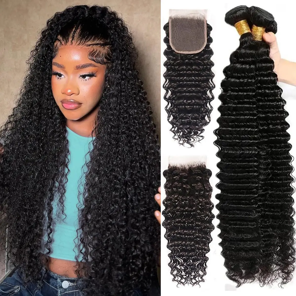 Deep Wave Bundles With Closure Brazilian Virgin Human Hair 3 Bundles With 4x4 Lace Closure for Black Women Natural Color 30 inch