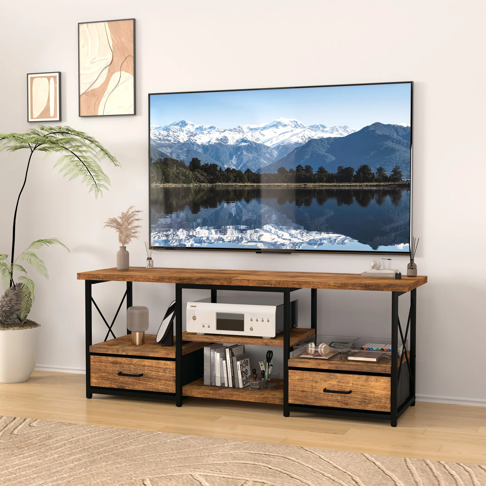 55" TV Stand with Fabric Drawers-Brown