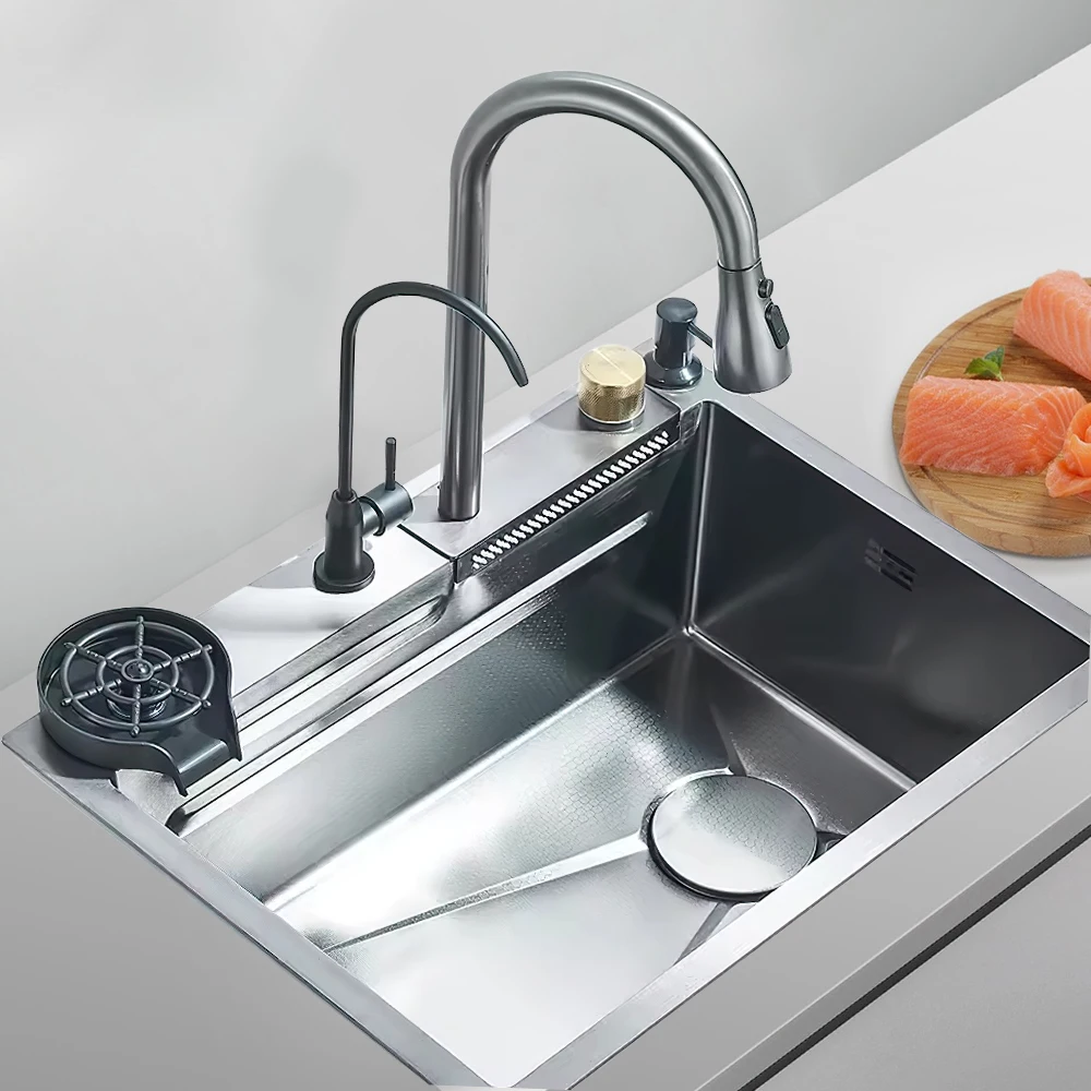 304Stainless Steel Waterfall Kitchen Sink 60x45 Large Single Slot Integrated DigitalDisplay Faucet Set Soap Dispenser Cup Washer