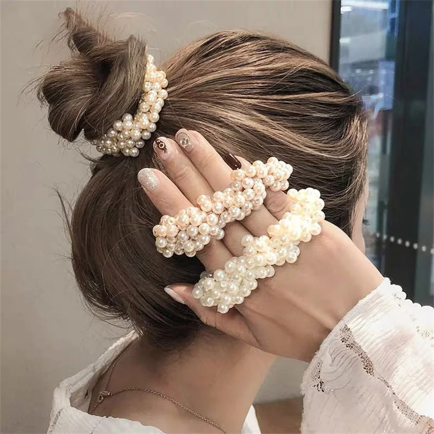 Woman Elegant Pearl Hair Ties Beads Girls Bow Scrunchies Rubber Hairbands Ponytail Holders Hair Accessories Elastic Hair Bands