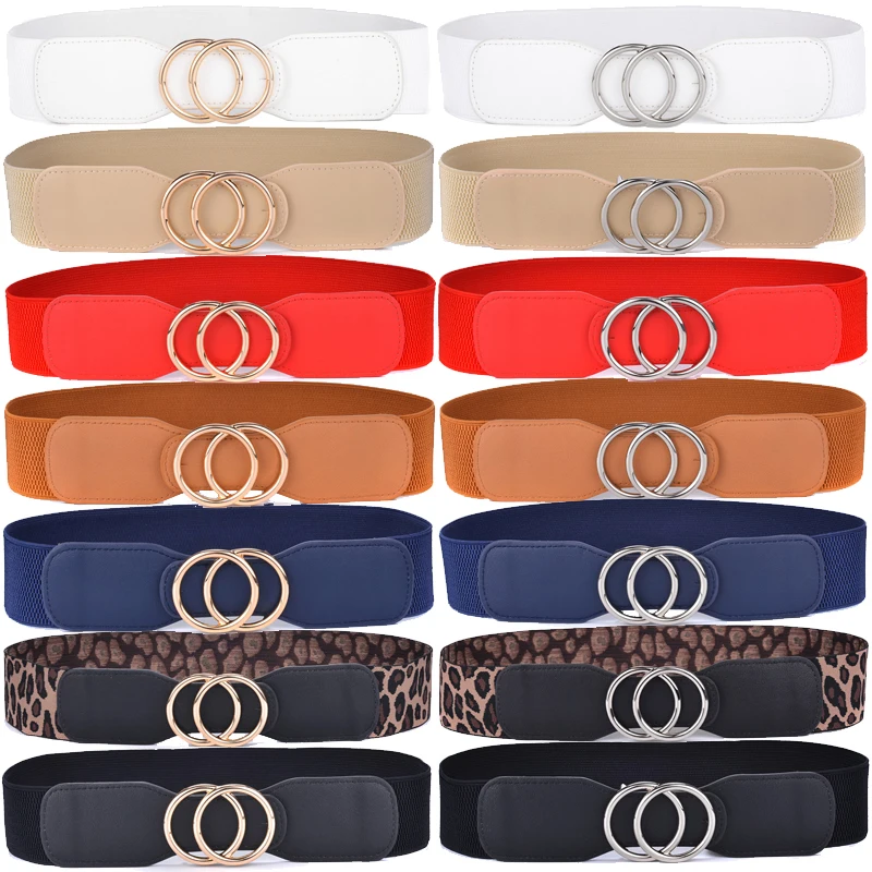 Women's Girdle Elastic Stretch Wide Waist Belts W Double Rings Buckle Cummerbunds Ladies