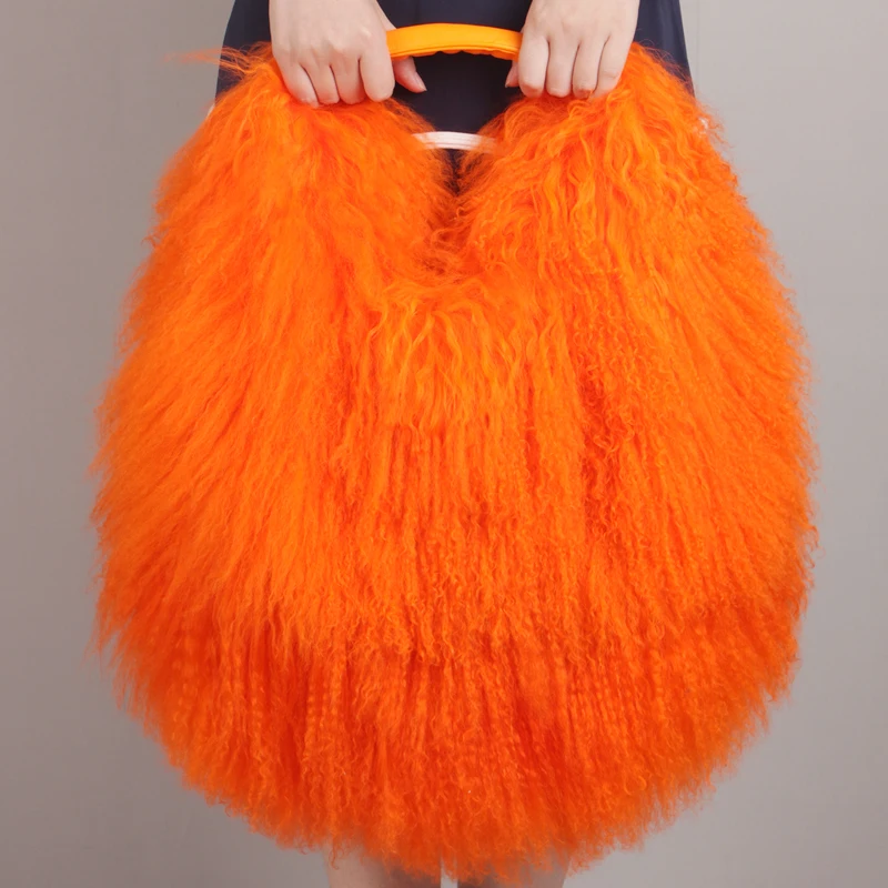Luxury Real Mongolia Lamb Fur Handbag Soft Plush Genuine Leather Shoulder Boston Bag Women's Purse Hobo Style Fluffy Fuzzy Bags