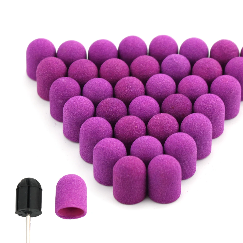 20pcs 10*15/13*19 Purple Nail Sanding Caps With Rubber Gel Remover Cutter Drill Bits Pedicure Cuticle Tools Drill Accessories