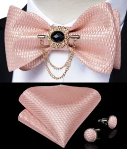 Dibangu Men's Pink Solid Self Tie Bow Tie Pocket Square Cufflinks Brooch Set for Wedding Groom Marriage Business Party Bowties