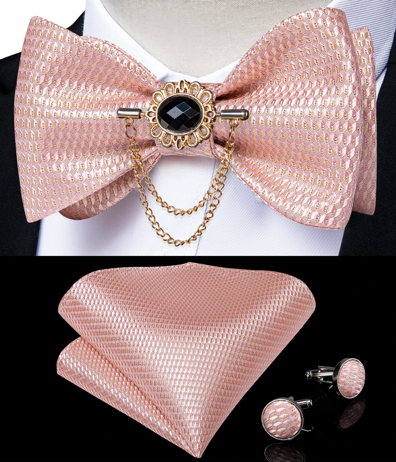 Dibangu Men's Pink Solid Self Tie Bow Tie Pocket Square Cufflinks Brooch Set for Wedding Groom Marriage Business Party Bowties