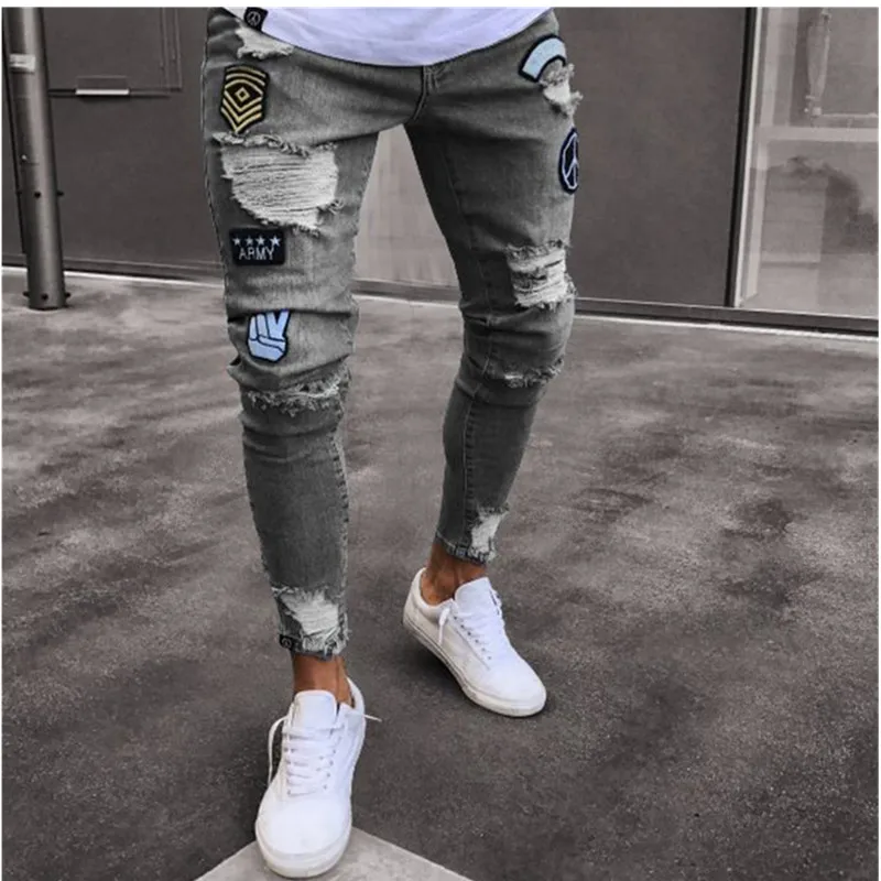 Men Stretchy Ripped Skinny Biker Embroidery Cartoon Print Jeans Destroyed Hole Slim Fit Denim High Quality Hip Hop Black Jeans
