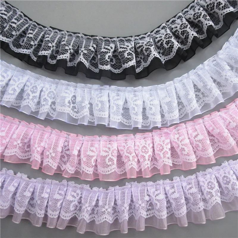 2yards/Lot 4cm Wide 2-layer Pleated Organza Lace Trim Collar Ribbon Sewing Craft Doll Clothes Wedding Dress Decor Accessories