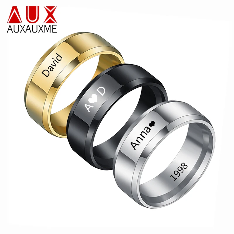 Auxauxme Personlized Name Wedding Rings Stainless Steel Engraved Name Date Custom Jewelry for Women Men Anniversary Jewelry Gift