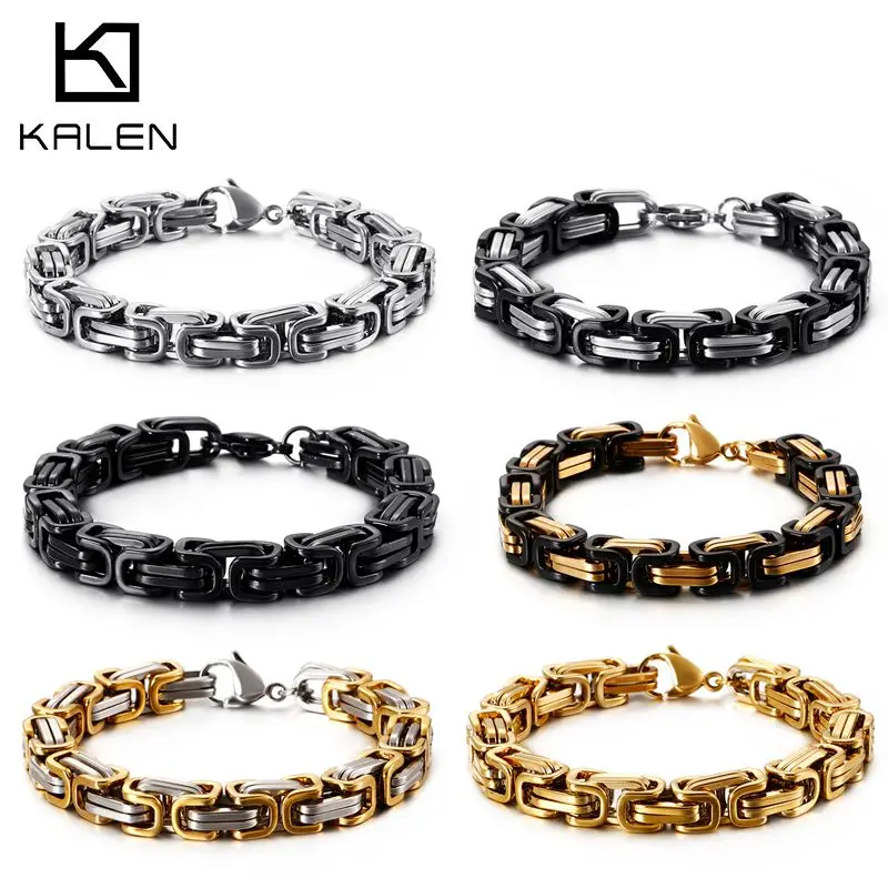 KALEN Wholesale Dubai Stainless Steel Byzantine Chain Bracelet Men Fashion Male 16-24cm Gold Color Wrap Bangle Biker Jewelry