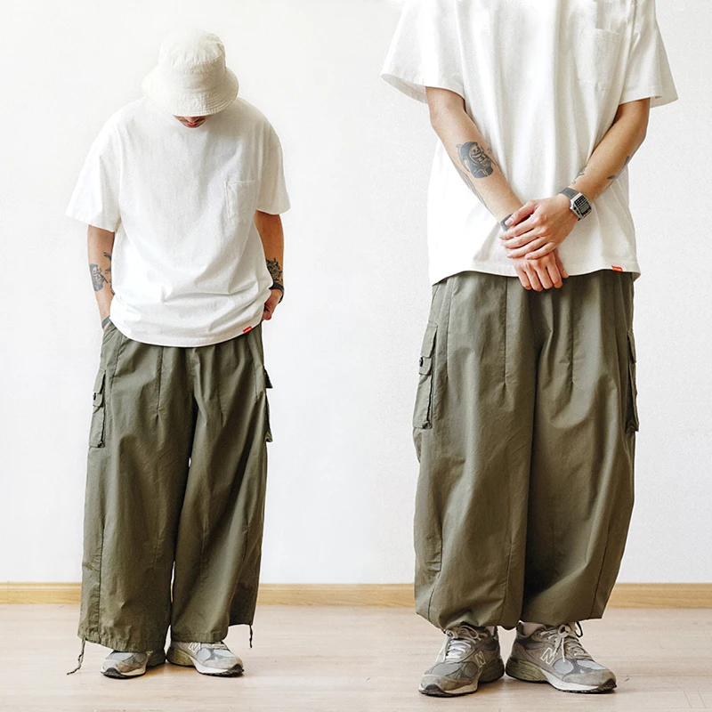 Multi-Pocket Oversized Cargo Pants Mens Casual Solid Thin Baggy Wide Leg Ankle Trousers Man Jogger Pants Harem Lantern Pants