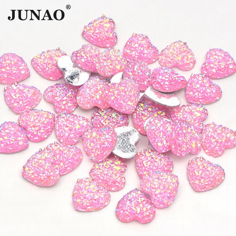 JUNAO 12mm 100pcs Glitter Pink AB Heart Rhinestones Flatback Resin Crystal Stone Non Sewn Diamond Strass Applique for DIY Crafts