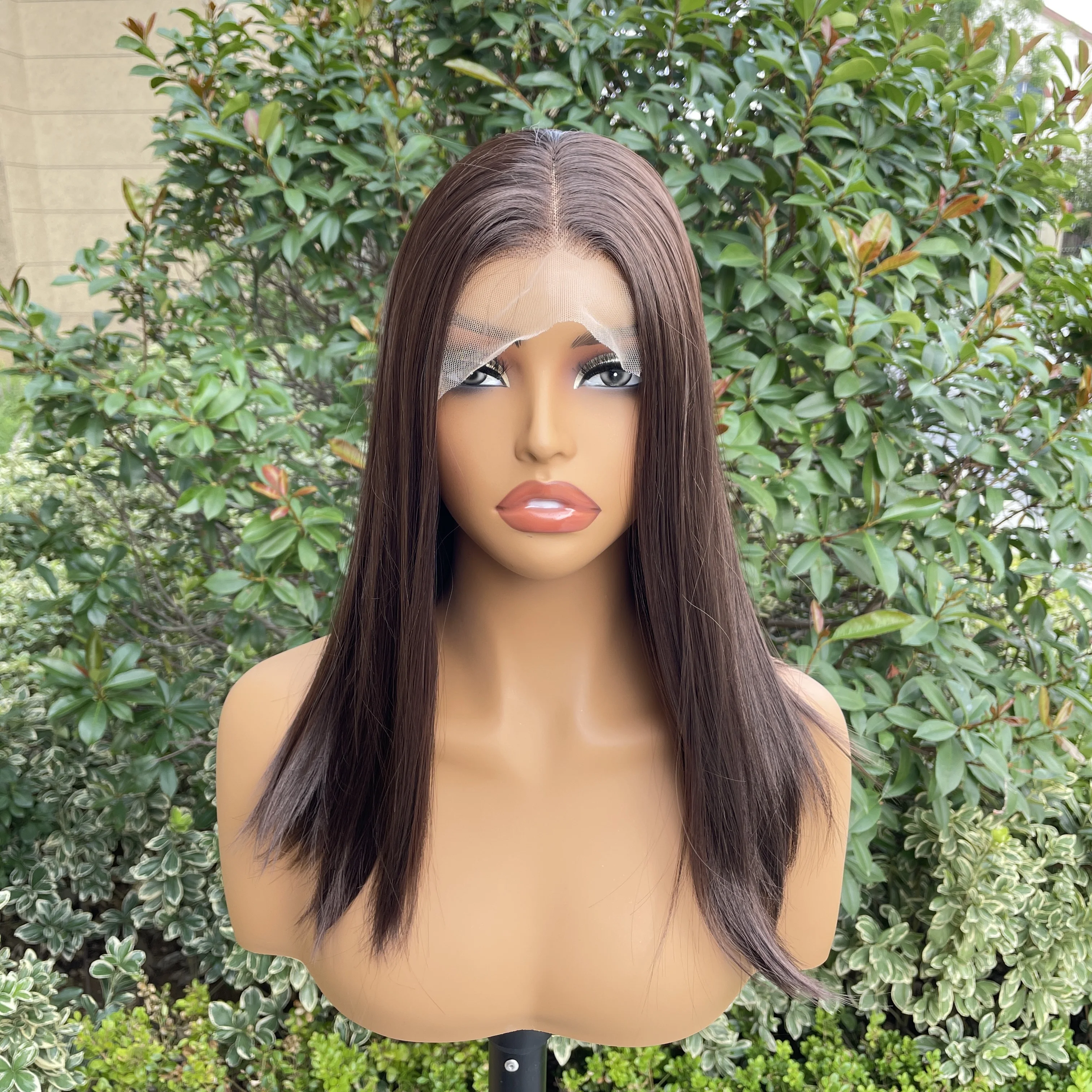 Natural Medium Brown Shoulder Length Synthetic Wig for Women 13x4 Lace Front Glueless Middle Part Wig 150nsity Heat Resistant