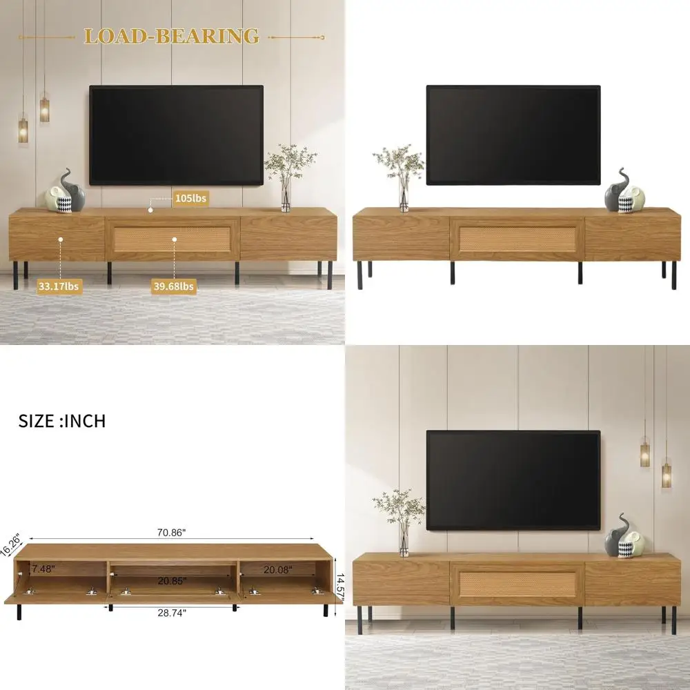 Mid-Century Modern 70 TV Stand, Storage Console with Drop-Down Door, Rattan Front for TVs up to 80