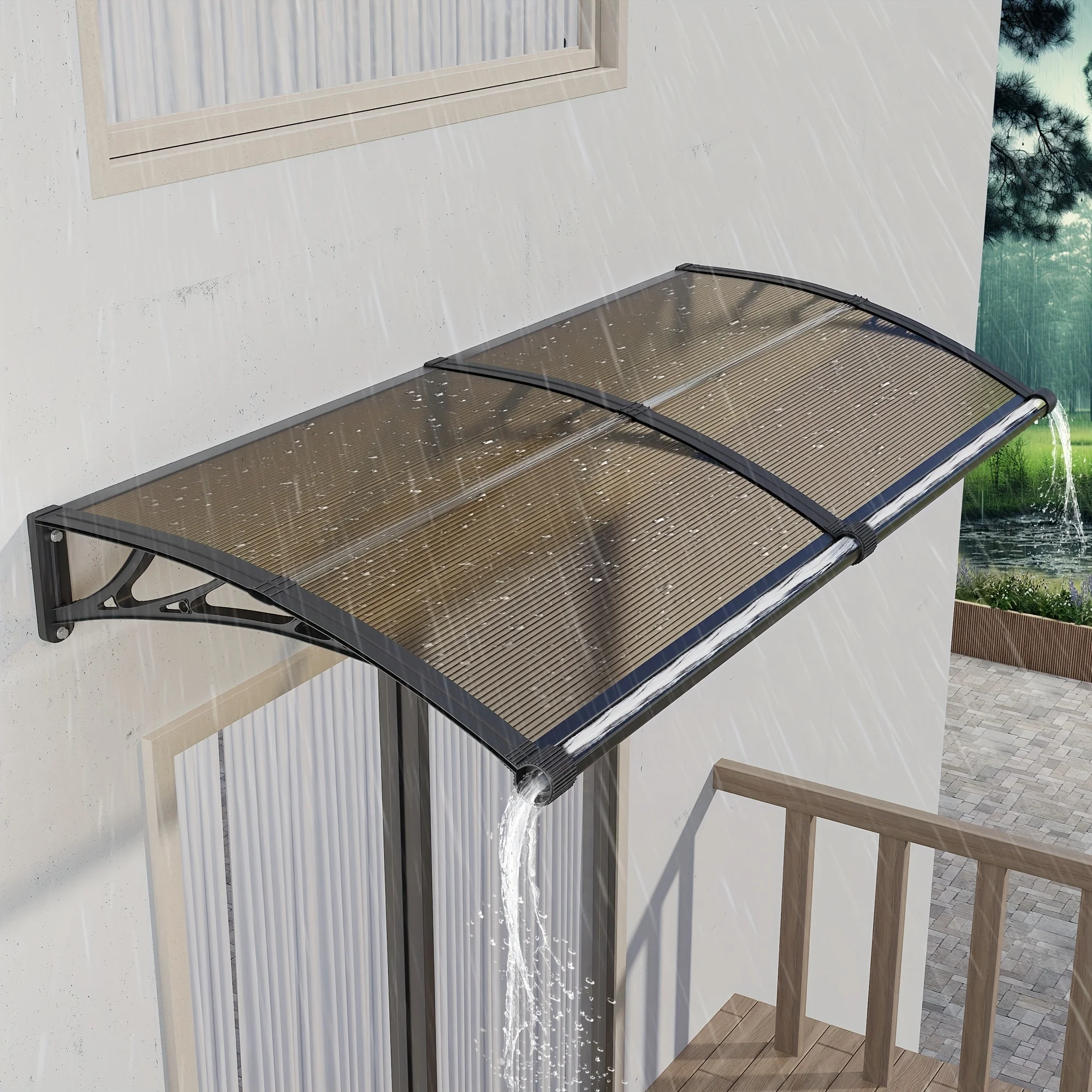 Large Polycarbonate Gutter Awning for Door Entrance Sun Shade and Rain Snow Protection Canopy for Patios and Yards Brown Board