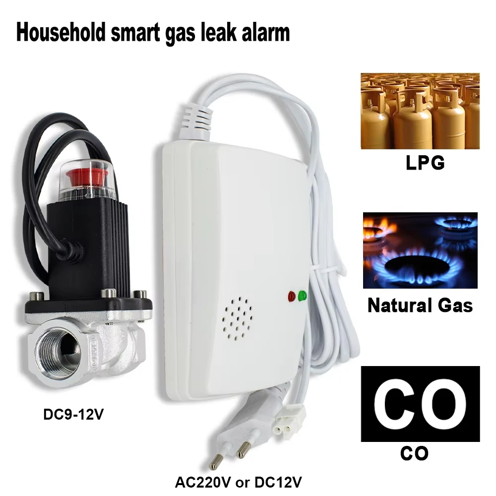 Combination Gas Leak Sensor with Gas Solenoid Valve Natural Gas & Carbon Monoxide Detector Plug In Propane LPG Alarm For Kitchen
