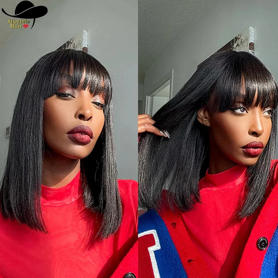 Straight Bob Virgin Hair Wigs With Bangs Short Malaysian Human Hair 180% density Natual Color Full Machine Made No Lace Hair Wig