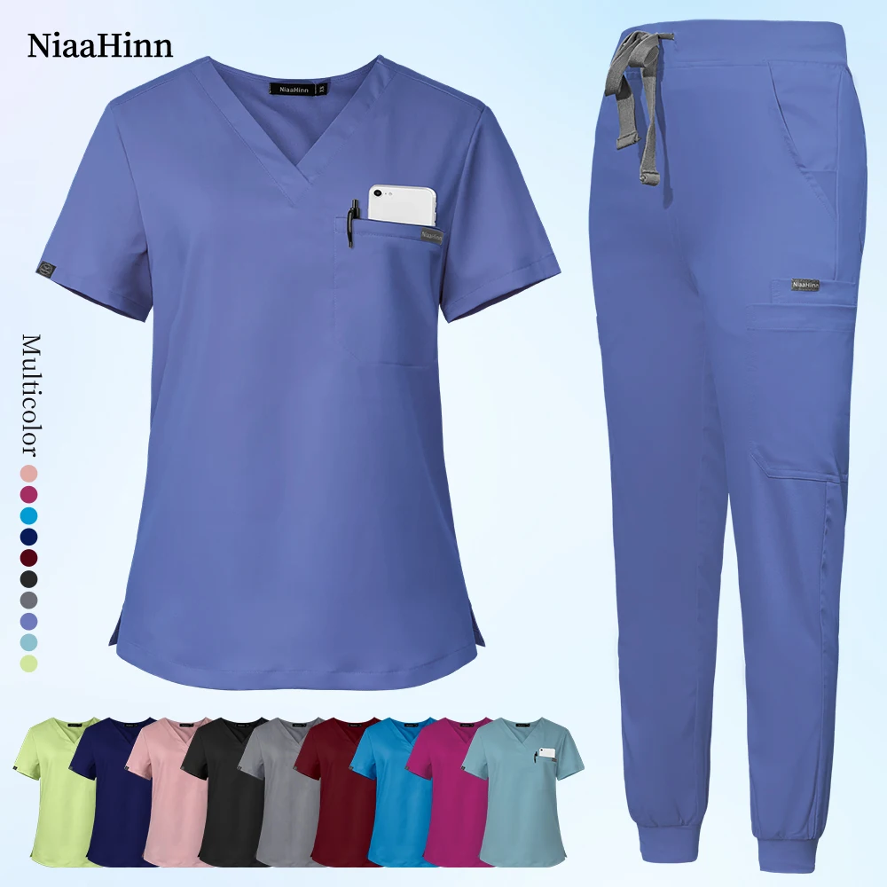 Medical Nursing Hospital Work Clothes Pet Scrubs Uniforms Set Solid Color Surgical Gowns Breathable Scrub Top Joggers Pants Suit
