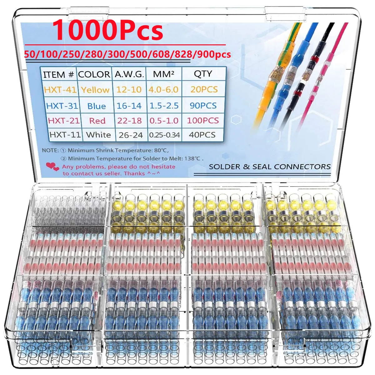 50-1000pcs Heat Shrink Solder Seal Wire Connectors Kit Waterproof Butt Electrical Terminals Insulated Splice Marine Automotive