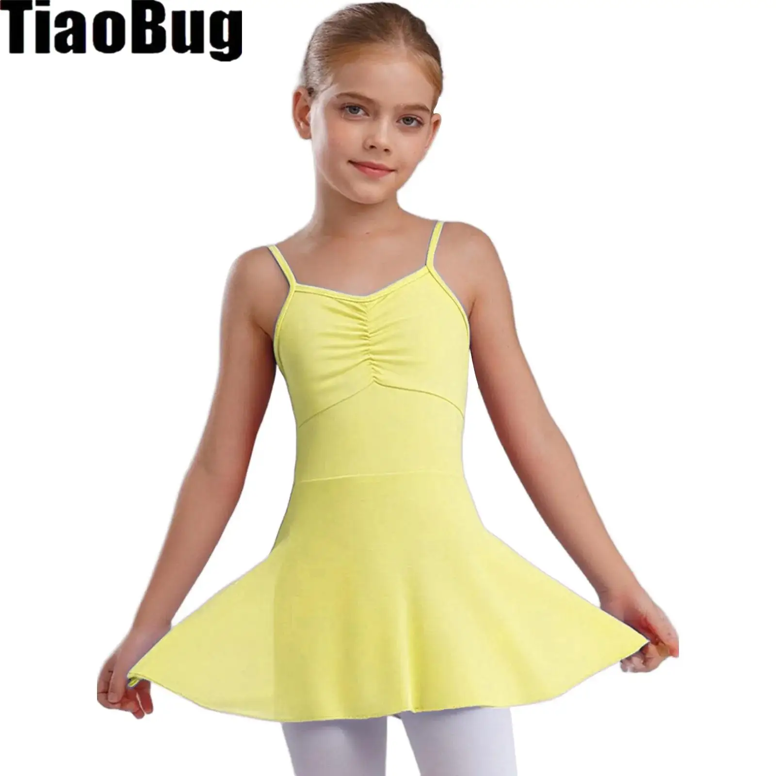 Kids Girls Ballet Dresses Front Ruched Sleeveless Backless Tulle Dance Dress for Warm-Up Practice Performance