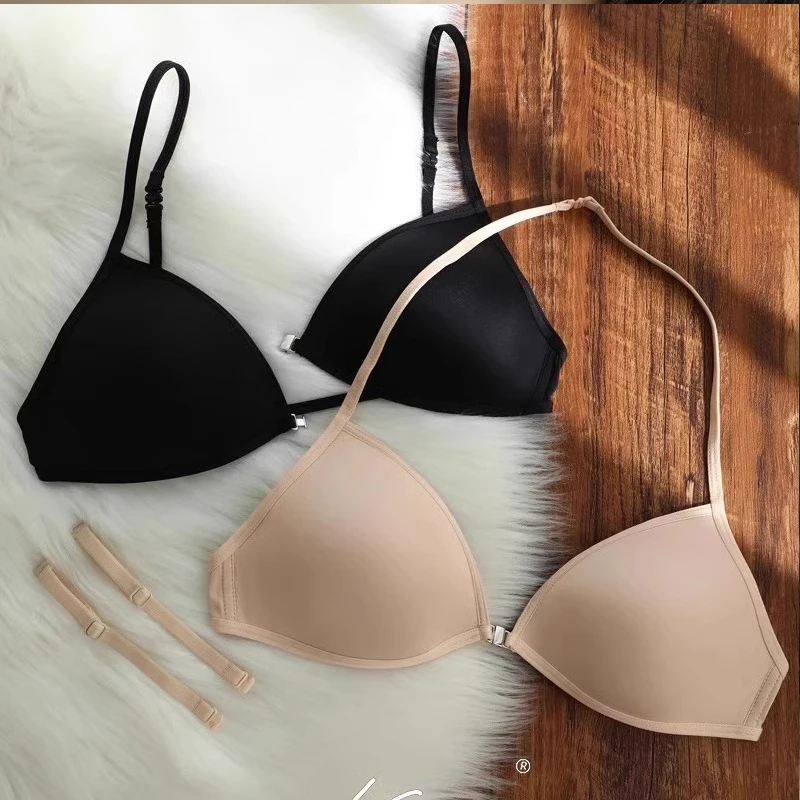 Seamless French Triangle Cup Bras For Women Sexy Hanging Neck Underwear Front Button Tops Thin Shoulder Strap Invisible Tank Top