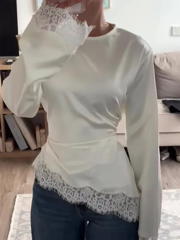 Elegant Satin Lace Patchwork Top Women Casual O-neck Loose Long Sleeves Strappy Female Shirt 2026 Spring Lady Fashion T-shirt