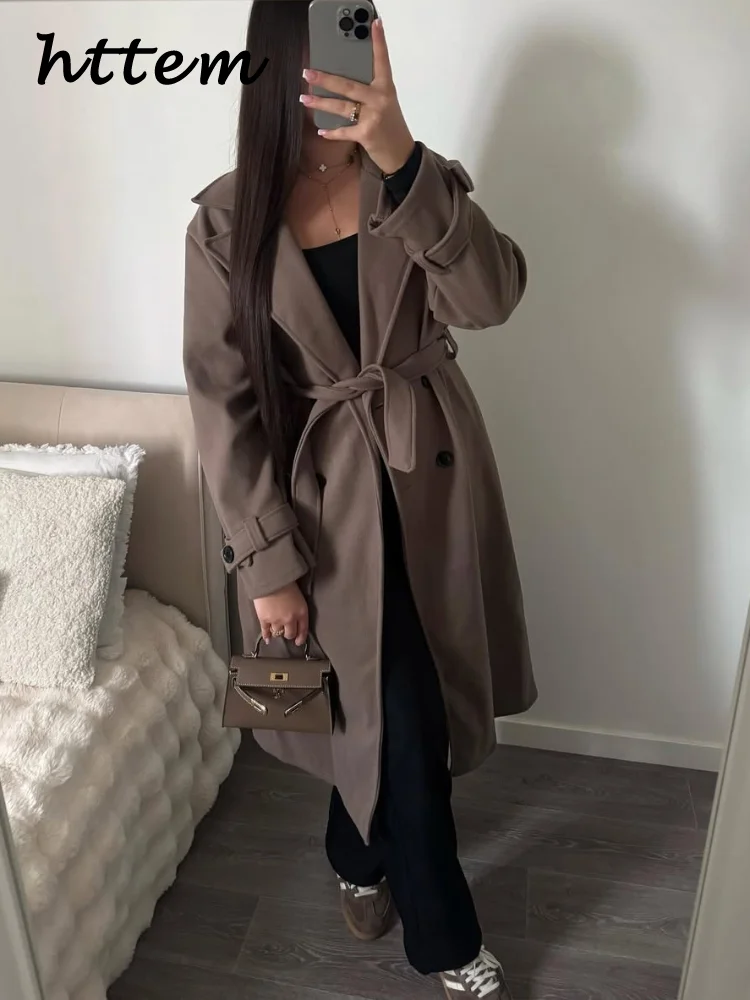 Elegant Lace Up Long Trench Coat Women Loose Solid Lapel Full Sleeve One Button Pocket Overcoat 2026 Spring Lady Commute Outwear