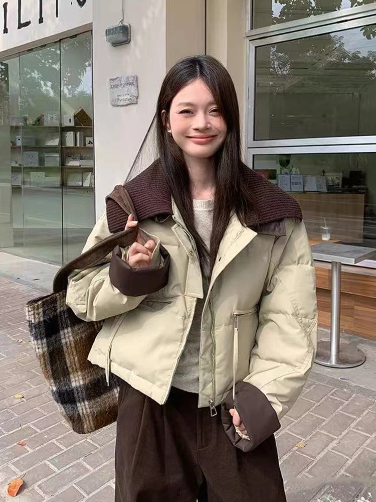 Fashion Lapel Short Parka Women Y2K Winter Warm Fluffy All Match Down Cotton Jacket Korean Streetwear Loose Patchwork Outerwear