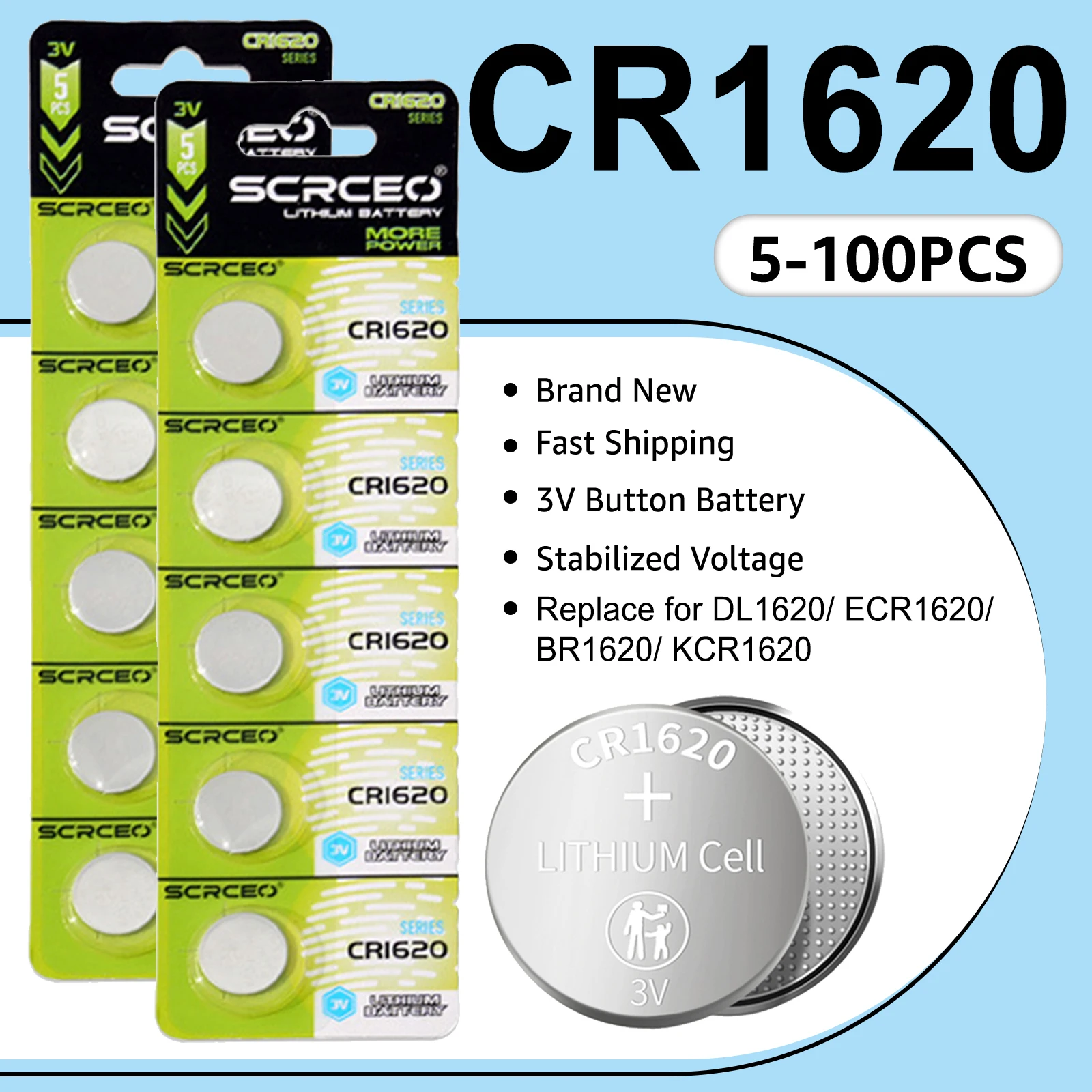 5-100PCS New CR1620 3V Lithium Button Batteries Replace for DL1620 ECR1620 KCR1620 Coins Cell Battery for Watch Car Key Remotes