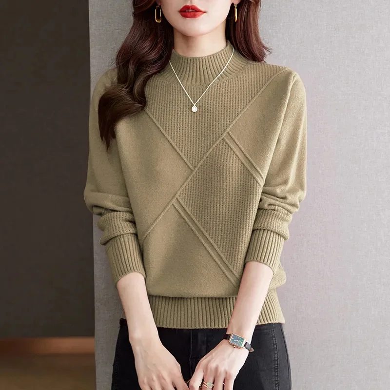 2026 Women Solid Half High Collar Cashmere Sweater Autumn Winter Loose Plus-Size Knitted Wool Casual Sweater Bottoming Shirt