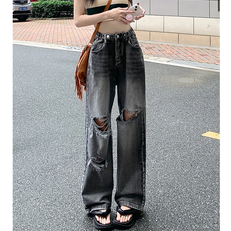 High Waist Wide Leg Jeans Women Loose Fit Ripped Denim High Street Sle Summer Deep Color Straight Cut Trousers