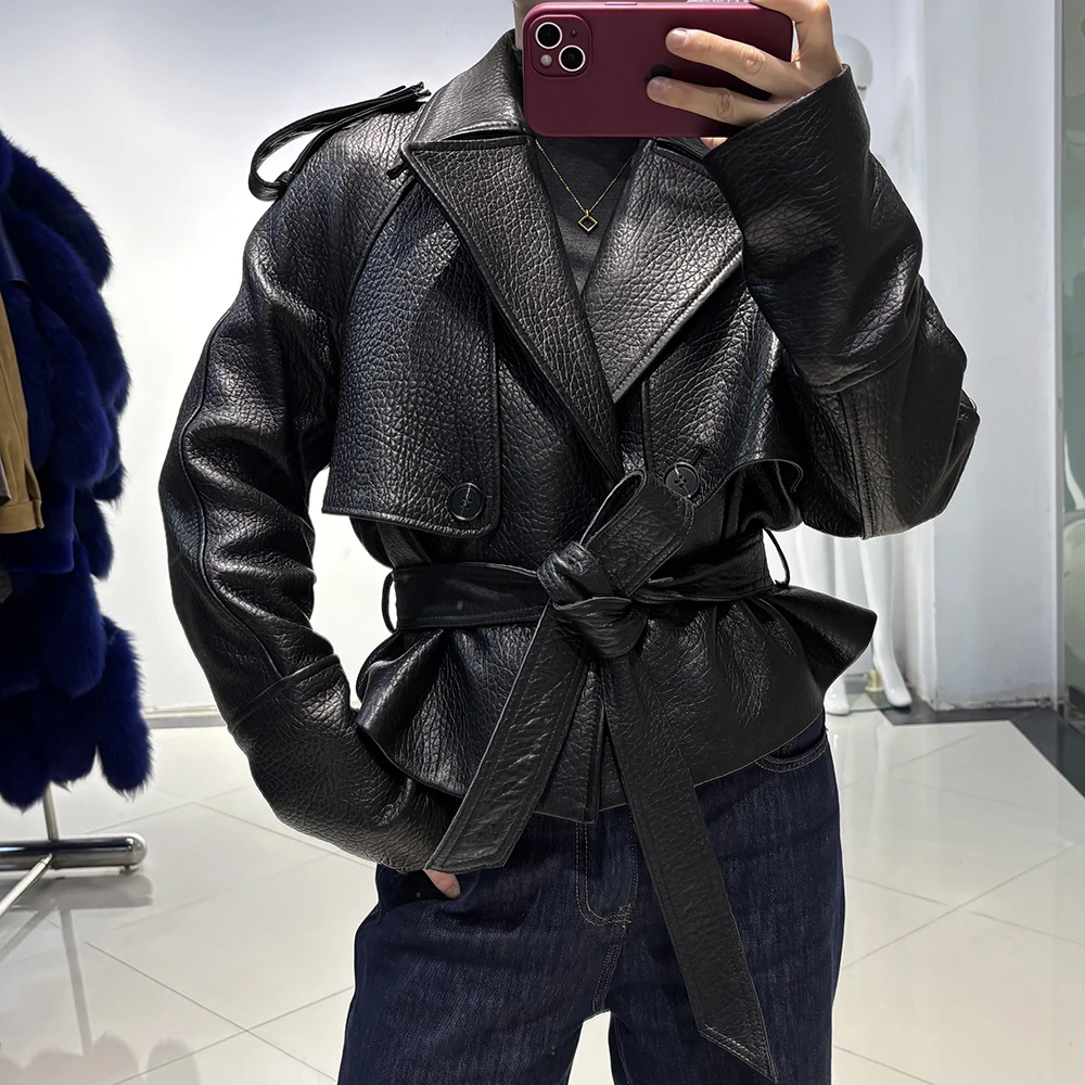 YOLOAgain Oversized Real Leather Jacket Women Oversized Grain Leather Jacket With Belt