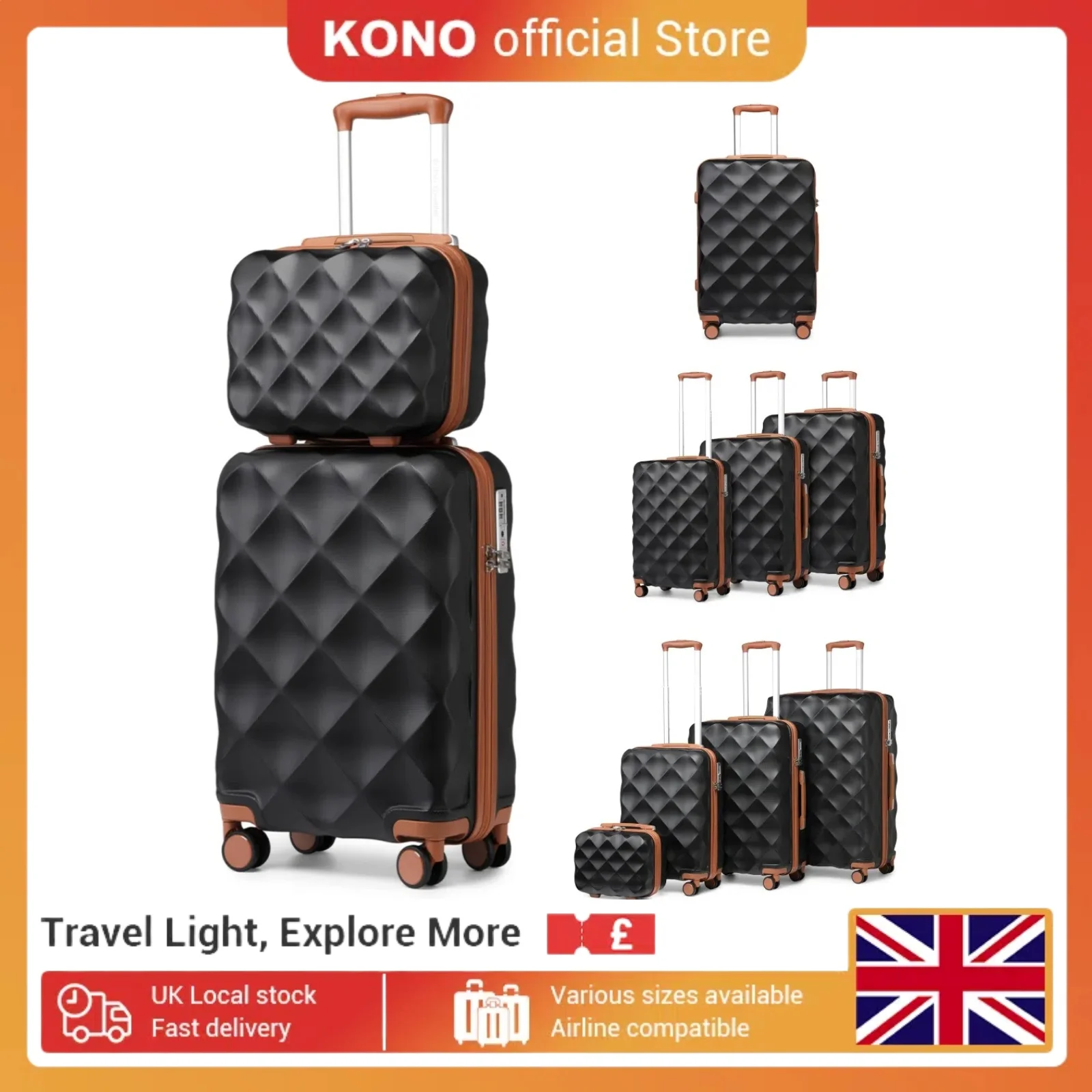 British Traveller Lightweight Hard Shell Suitcase - 13" 20" 24" 28" Cabin & Checked Luggage with 360° Spinner Wheels & TSA Lock
