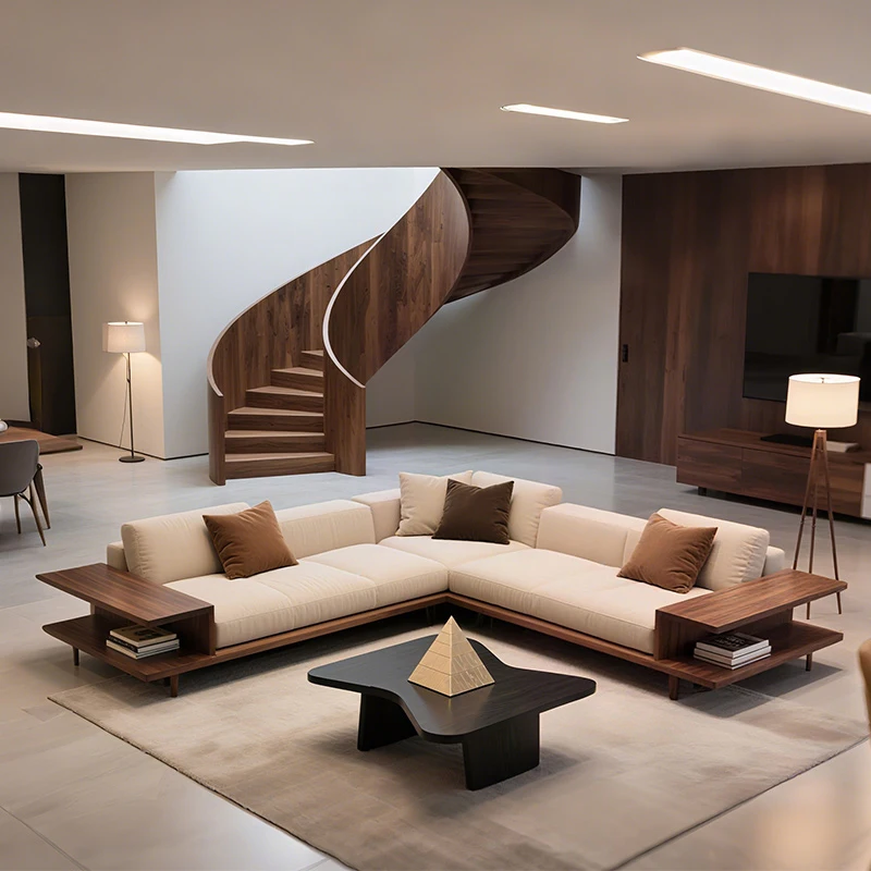 New Chinese light luxury solid wood L-shaped corner sofa black walnut simple atmosphere leather art sofa modern design