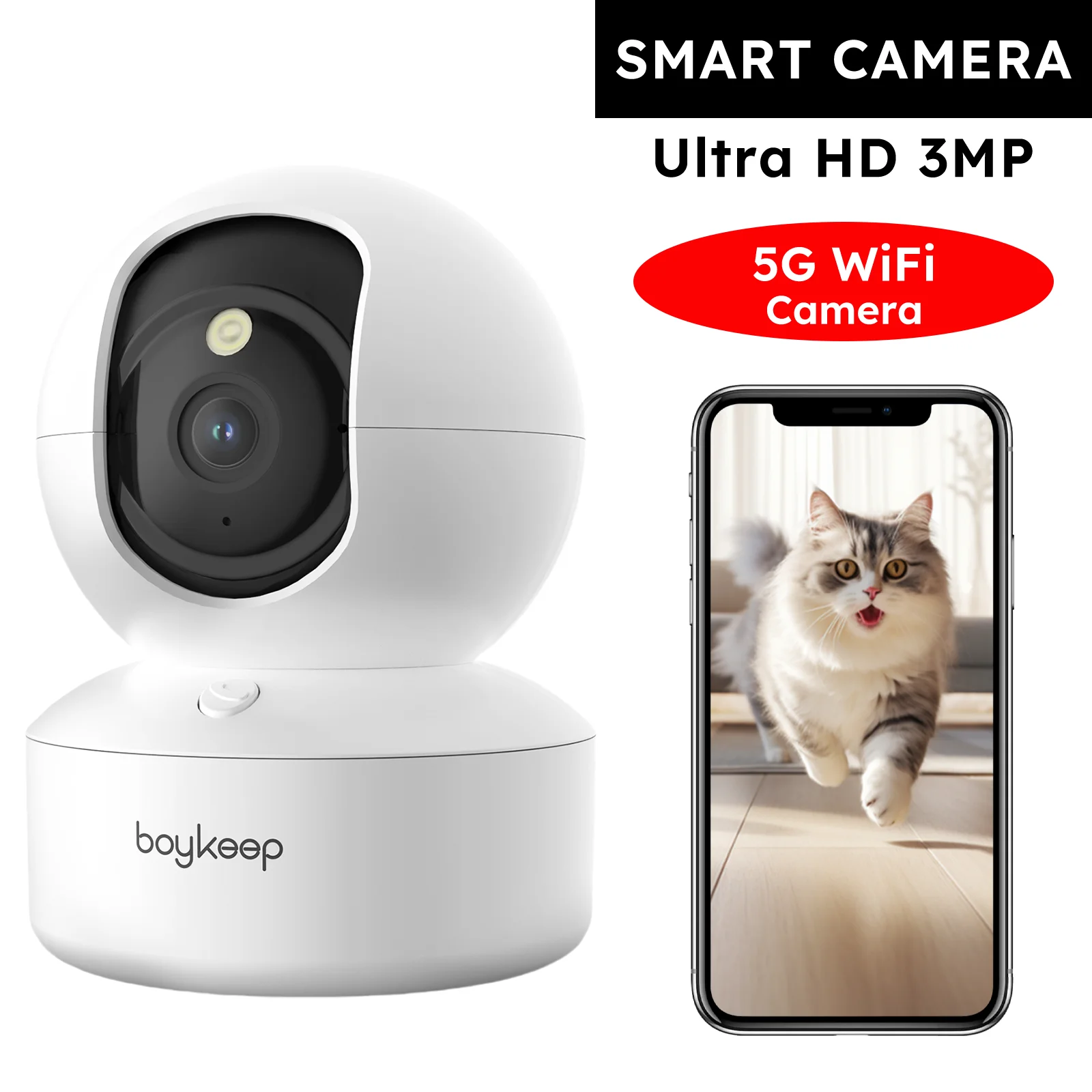 Boykeep 2K Pet Dog Camera with Phone App, 5G/2.4GHz WiFi Indoor Security Baby Camera, 360° Pan & Tilt, 2-Way Audio, Night Vision