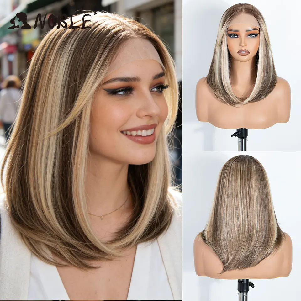 NOBLE 18 Inch 6X4 Lace Front Wig Highlight Blonde Bob Heat Resistant Glueless Synthetic Wig for Black & White Women Daily Wear