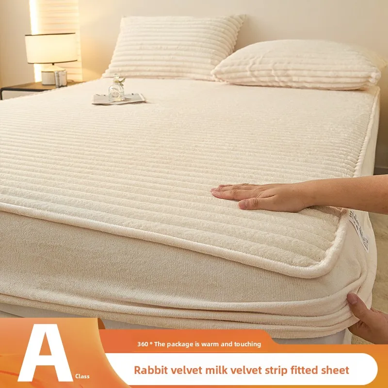 Imitation Rabbit Plush Winter Fitted Bed Sheet Set with 2 Pillowcase Deep Pocket Thickened Warm Velvet Mattress Protector Cover
