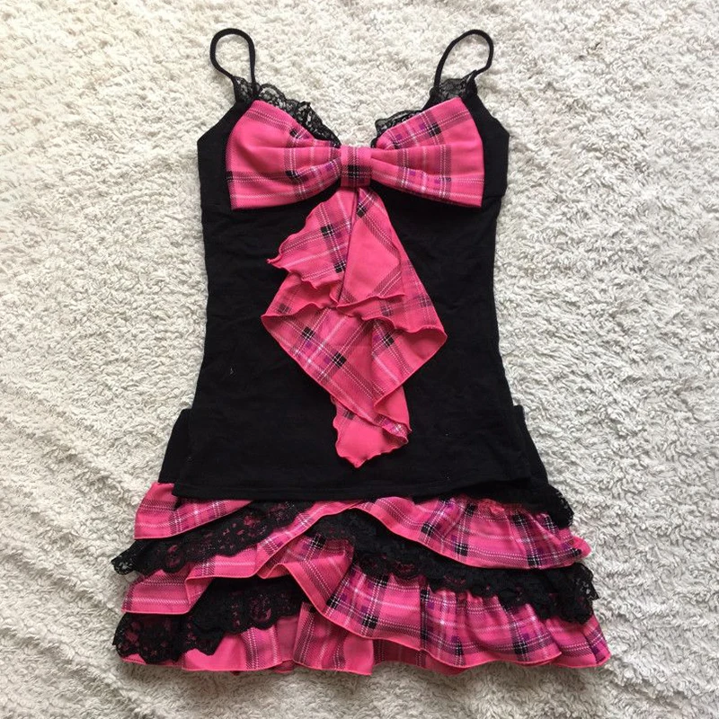 Chic Punk Y2K Dress Aesthetics Graphic Print Fashion Rock Goth Braces skirt Vintage Hiphop Sexy Pleated skirt Summer Streetwear