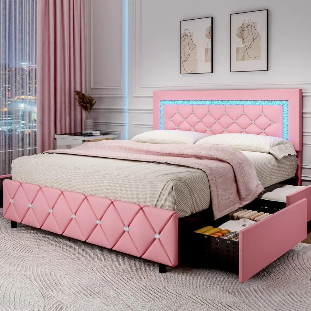 Full Size Bed Frame with LED, Storage Drawers, Princess Platform Bed with Diamond Headboard and Footboard, Upholstered Bed Frame