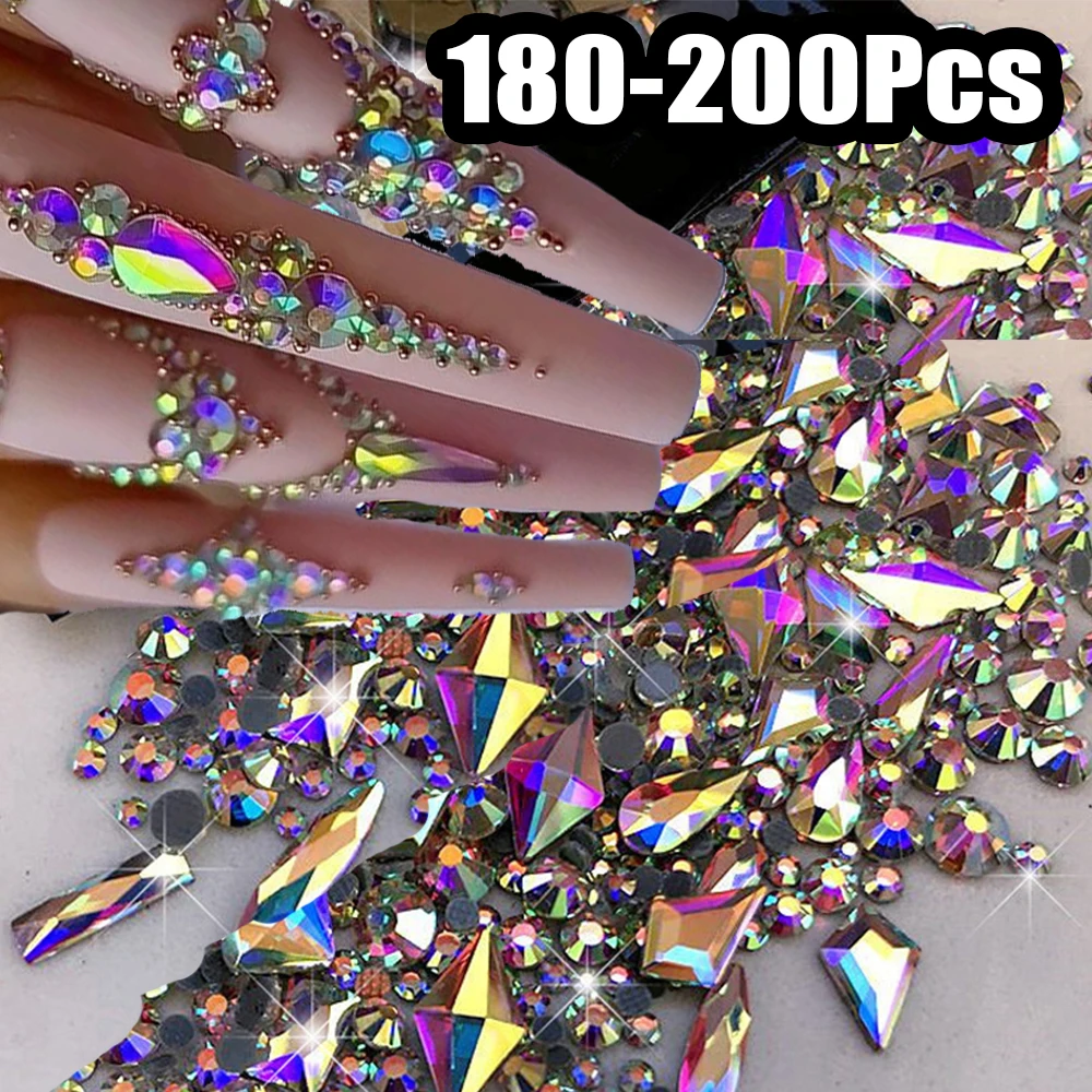 180-200Pcs Mixed AB Flat-back Nail Rhinestone Multi-shape AB/Clear/Red/Gold Luxury Nail Crystal 9D SS3 Mini Round Nail Diamond