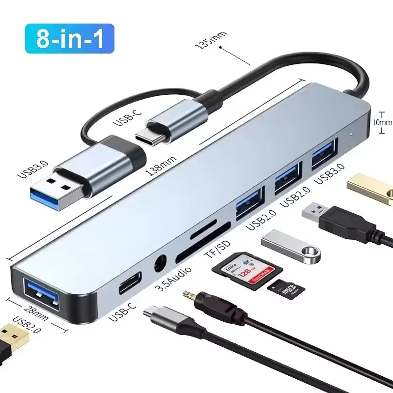 8 In 1 USB Type-C HUB with Splitter Card Reader USB 3.0 USB 2.0 SD/TF Splitter Card Reader Docking Station for HUAWEI Xiaomi PC