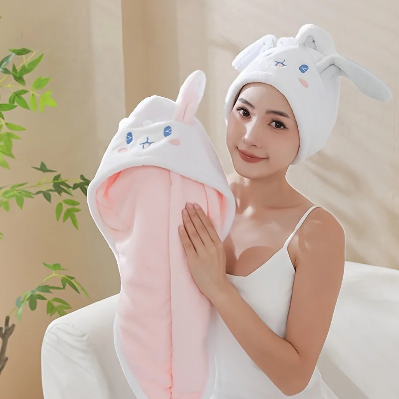 1pc hair drying towel cute rabbit ear wet hair wrapping hat soft coral fleece white pink women's hair drying towels