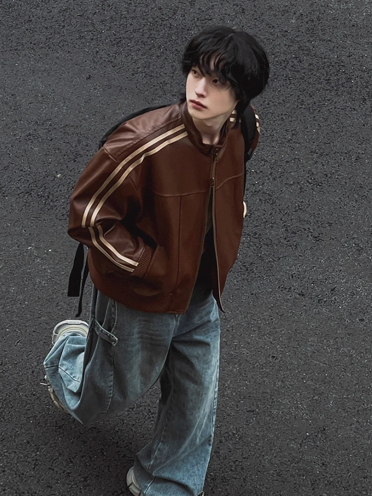 Loose Men's Biker Leather Jaet Autumn Faionable Korean Sle Stand Collar Zipper PU Leather Youthful Energy Wind