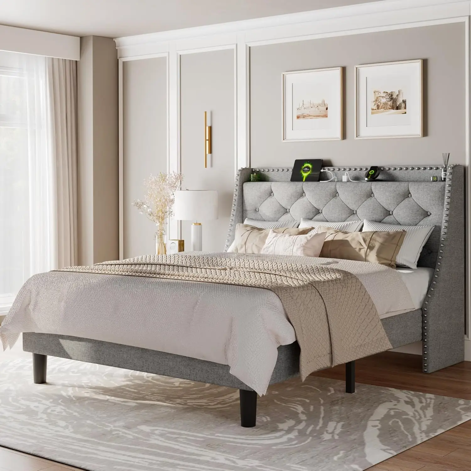 Queen Bed Frame with Wingback Upholstered Headboard, Storage and Charging Station, Easy Assembly in Light Gray