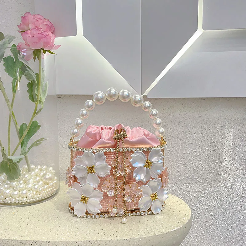 Sparkly Rhinestone Evening Bag Retro Crystal Bucket Purse for Women Y2K Openwork Sunflower Birdcage Bag Festival Party Clutch