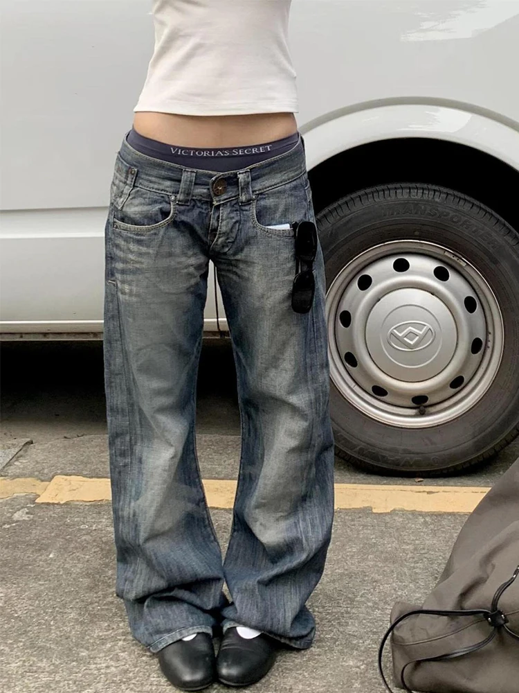 American Retro Washed Low Waist Jeans Women's Loose Straight Jeans Pants Street Winter Fashion Denim Pants