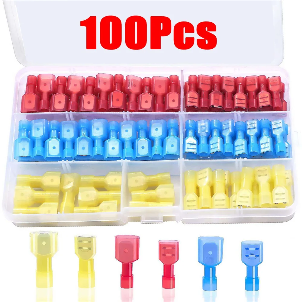 100Pcs Nylon Spade Quick Disconnect Connectors Kit,Electrical Insulated Terminals,Male and Female Wire Crimp Terminal 22-10 AWG