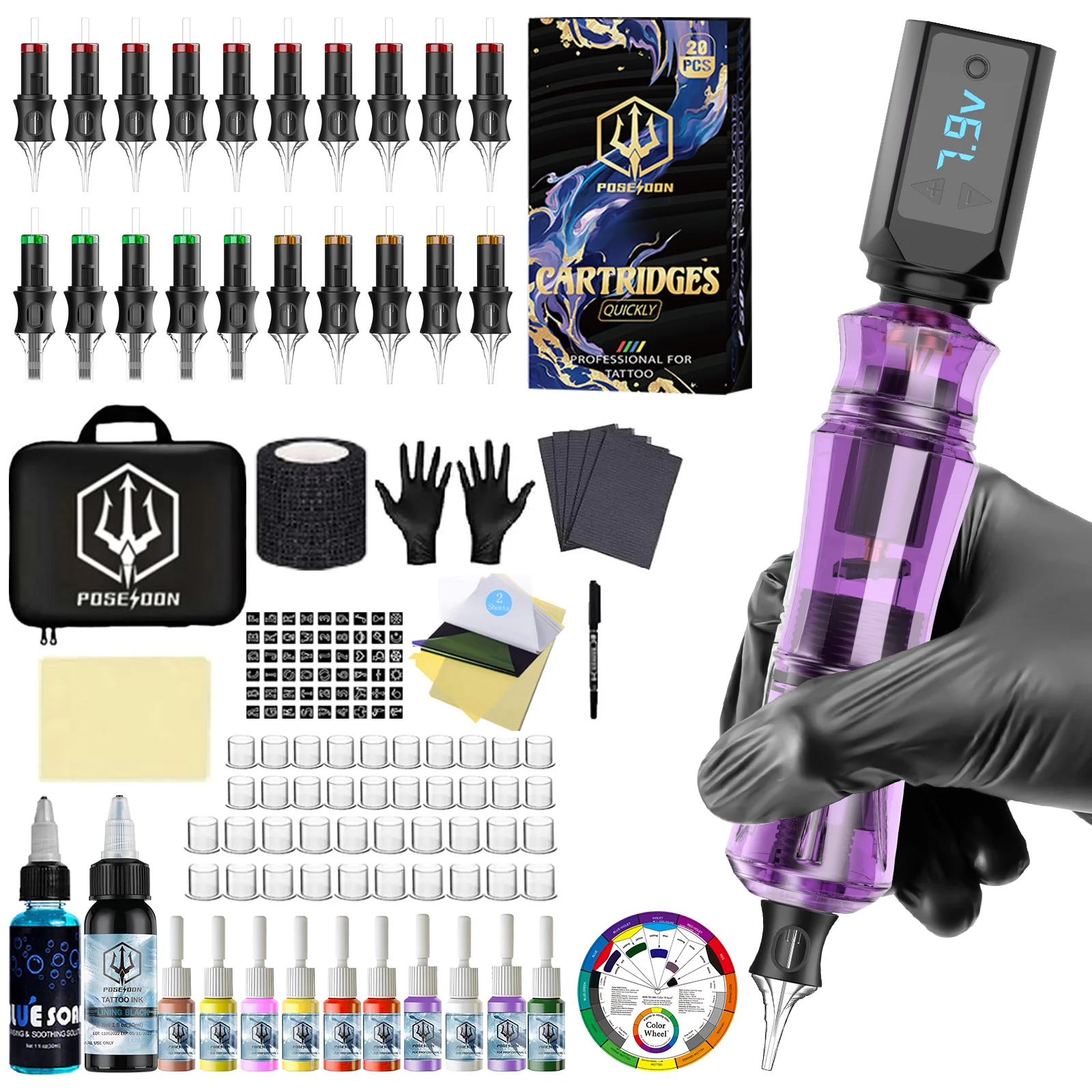 Tattoo Kit POSEIDON New Purple Tattoo Pen Kit For Permanent Makeup Tattoo Machine Kit PS083 Tattoo Power Supply Tattoo Kit