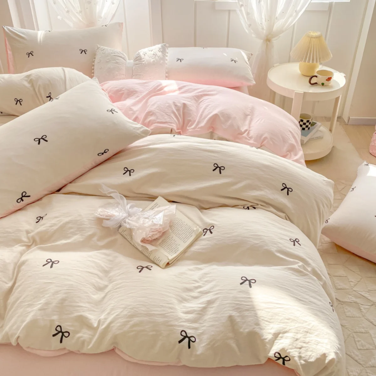 3 Piece Sheet Set pink bowknot embroidery duvet cover Set ， comfortable Bedding Set Bedspread for All Season
